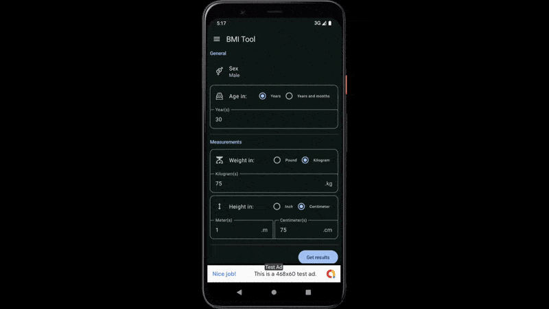 Animated view of BMI tool on KopitoBMI
