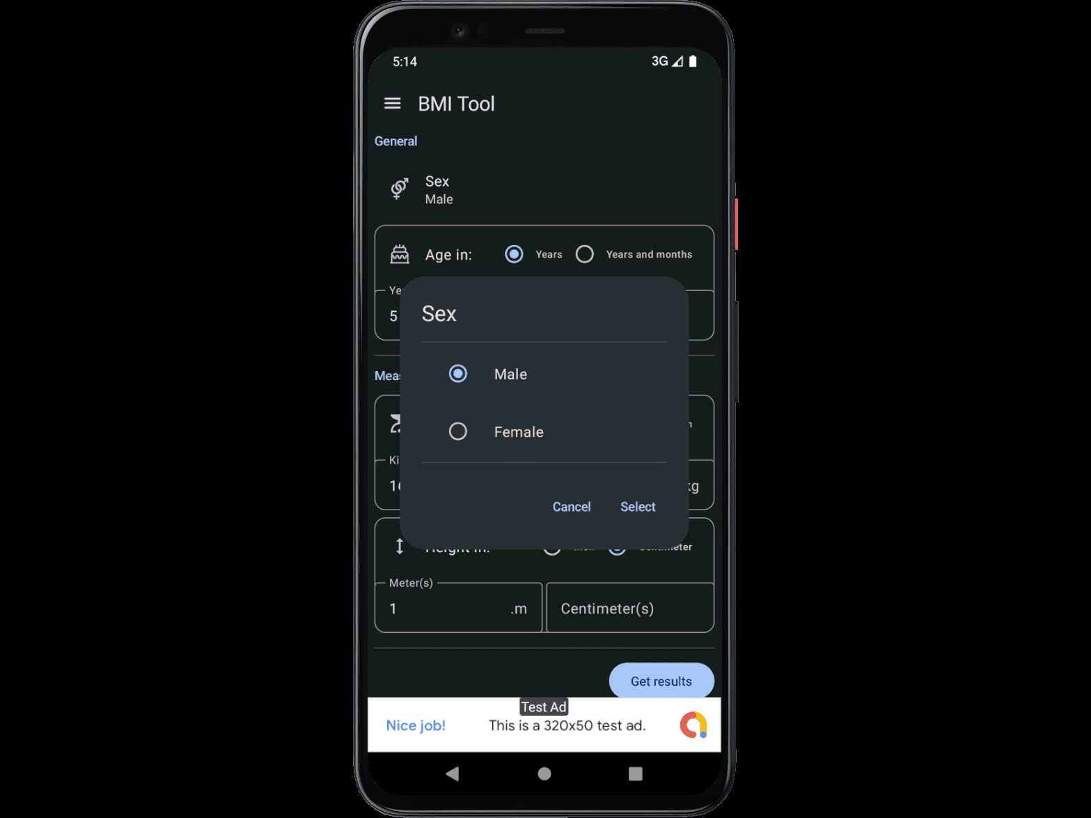 Sex dialog box on BMI tool on KopitoBMI