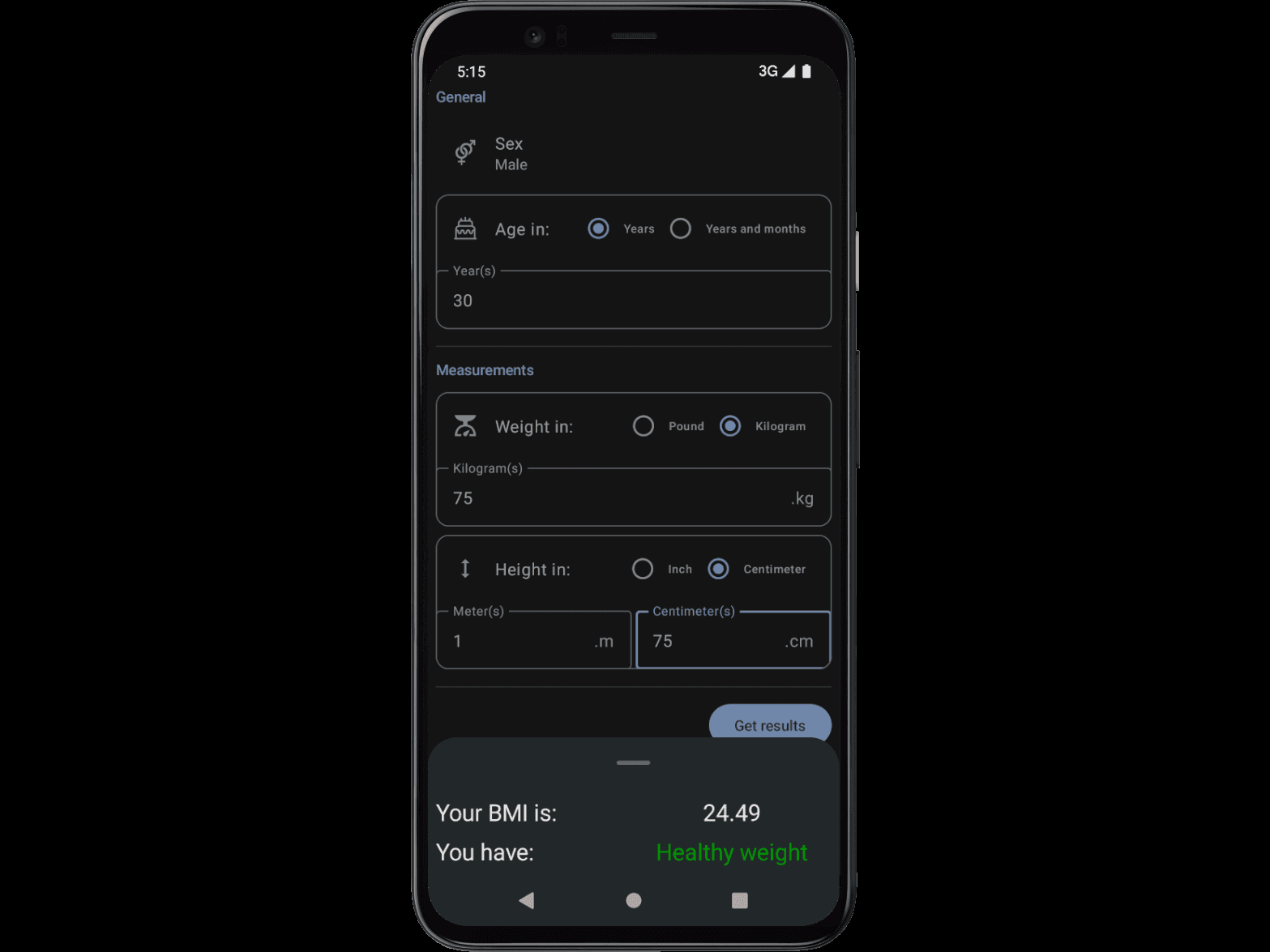 BMI tool result on KopitoBMI